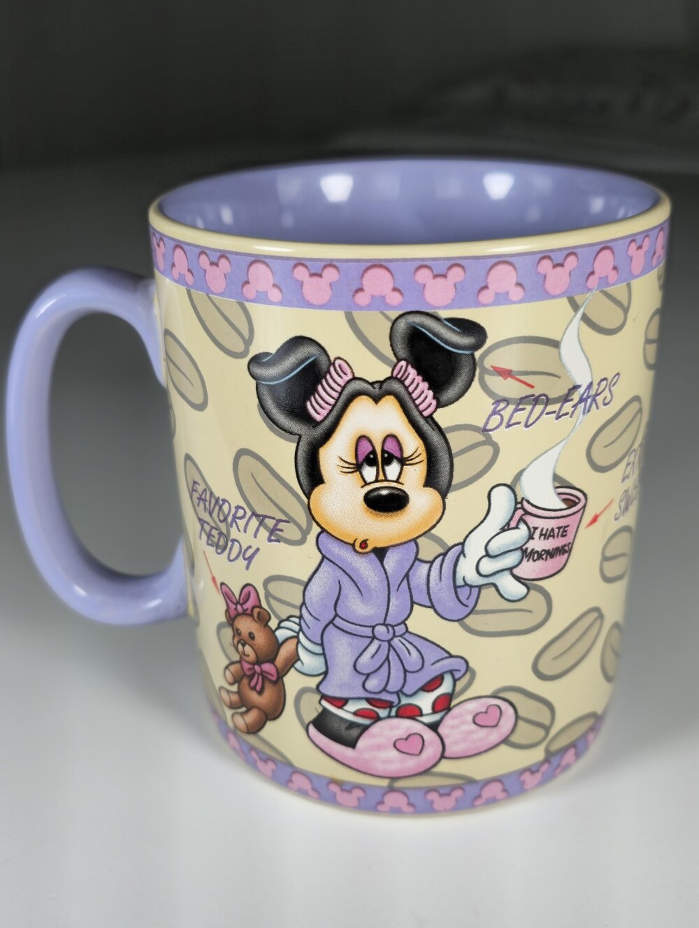 Disney Minnie Mouse Purple Pajamas Bathrobe Design Coffee Mug “Sleepy Head”